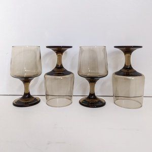 Set of 4 Vintage Smoked Amber Water Goblets or Brown Tan Wine Glasses
